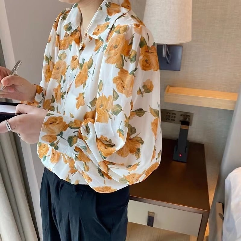 Casual Chiffon Single Button Painting Slight Stretch Shirt Blouse Mssza