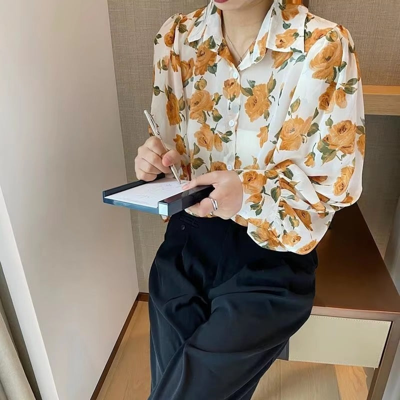 Casual Chiffon Single Button Painting Slight Stretch Shirt Blouse Mssza