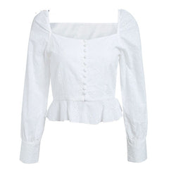 Casual Chiffon Square Neck Ruffles Puff Sleeve Blouse Mssza