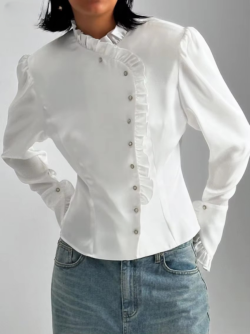 Casual Classic Ruffle Long Sleeve Non Stretch Shirts Mssza