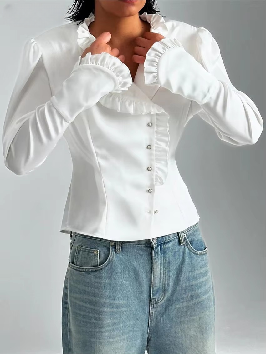 Casual Classic Ruffle Long Sleeve Non Stretch Shirts Mssza