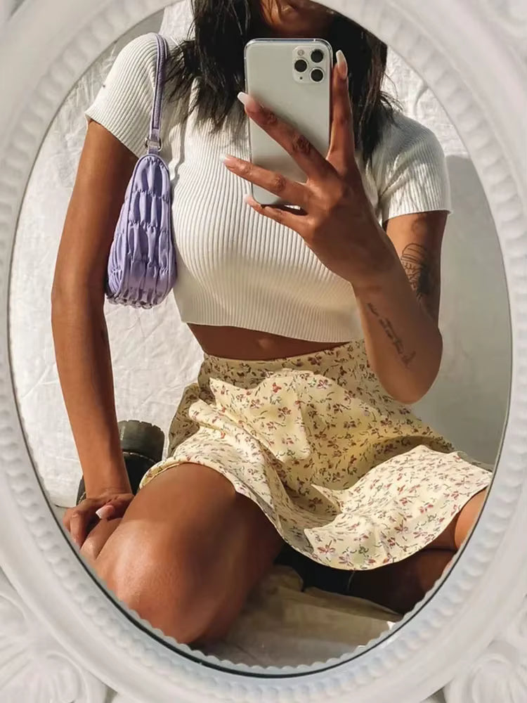 Casual Color Blocking Floral A-line Slight Stretch Mini Skirt Mssza
