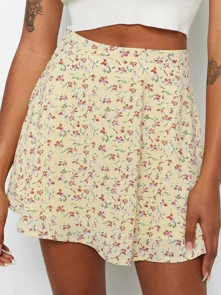 Casual Color Blocking Floral A-line Slight Stretch Mini Skirt Mssza