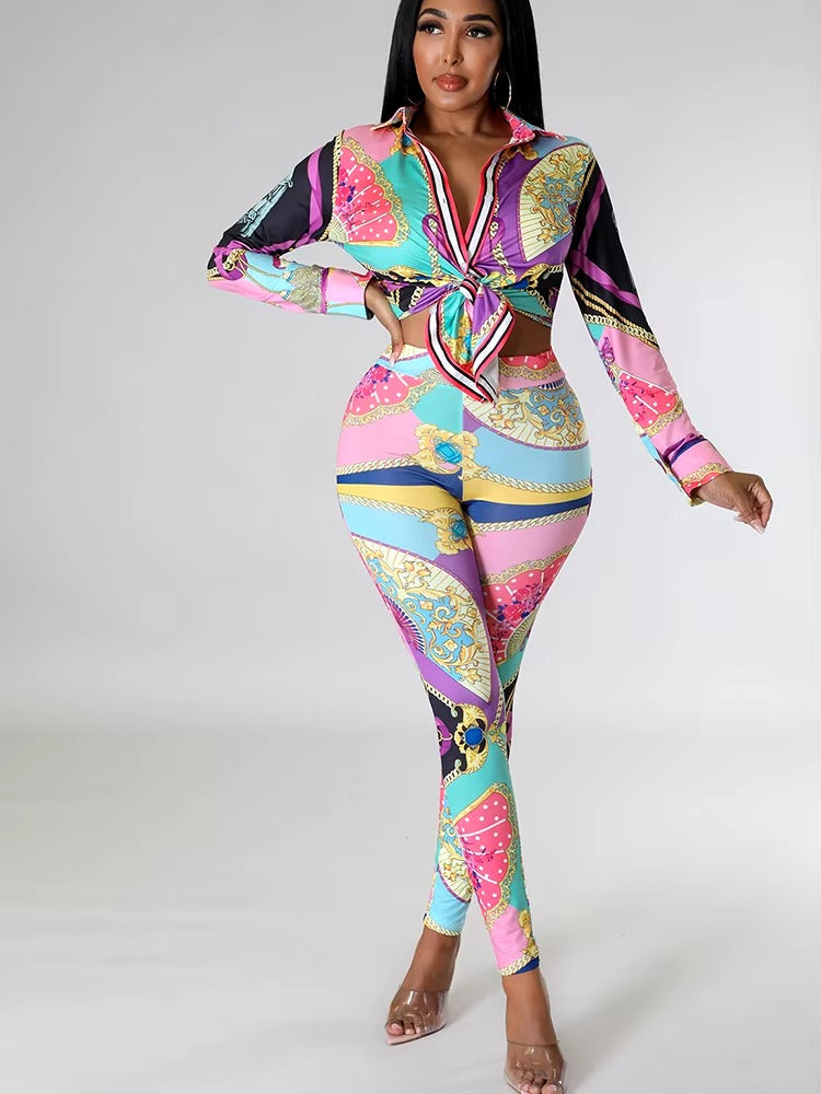 Casual Chain Printing Full Sleeve Single Breasted Sports Suit Two Piece Set Mssza