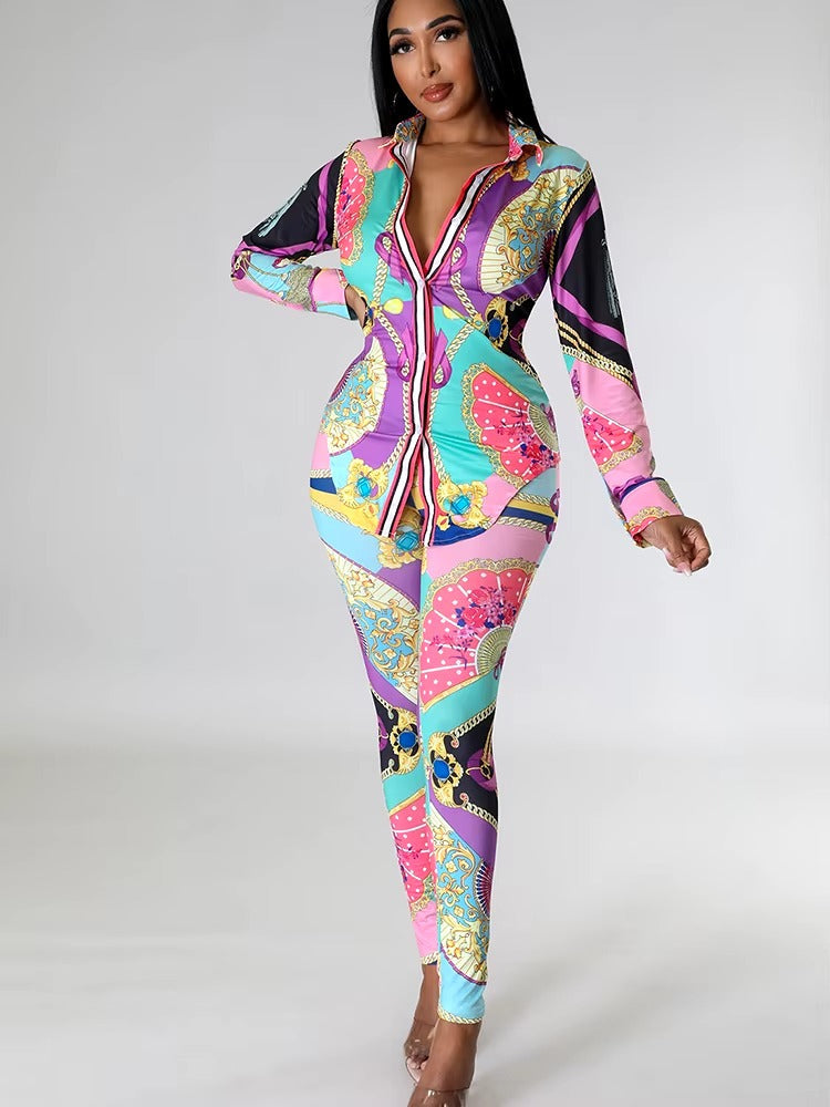 Casual Chain Printing Full Sleeve Single Breasted Sports Suit Two Piece Set Mssza