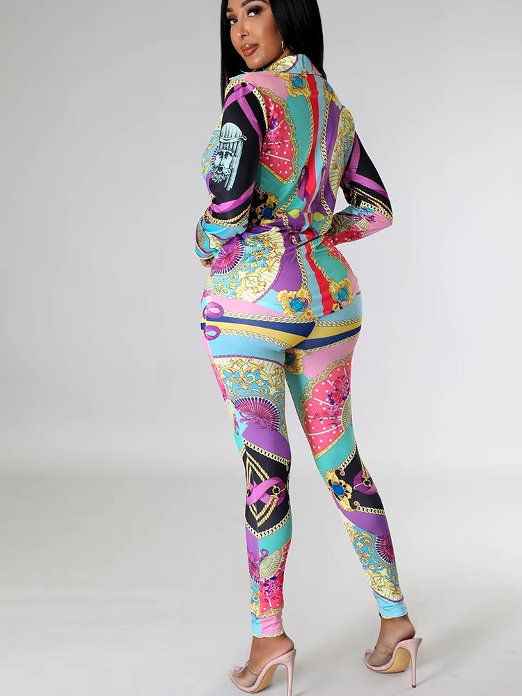 Casual Chain Printing Full Sleeve Single Breasted Sports Suit Two Piece Set Mssza