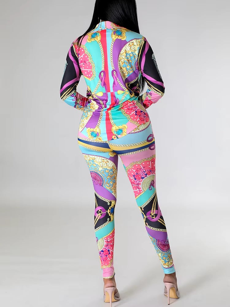 Casual Chain Printing Full Sleeve Single Breasted Sports Suit Two Piece Set Mssza