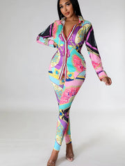 Casual Chain Printing Full Sleeve Single Breasted Sports Suit Two Piece Set Mssza