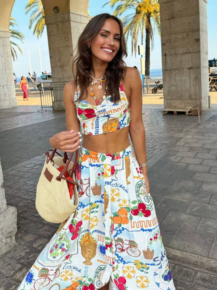 Casual Colorful Printed Patchwork Quilted Suspenders Bikini High Waist Skirt Mssza
