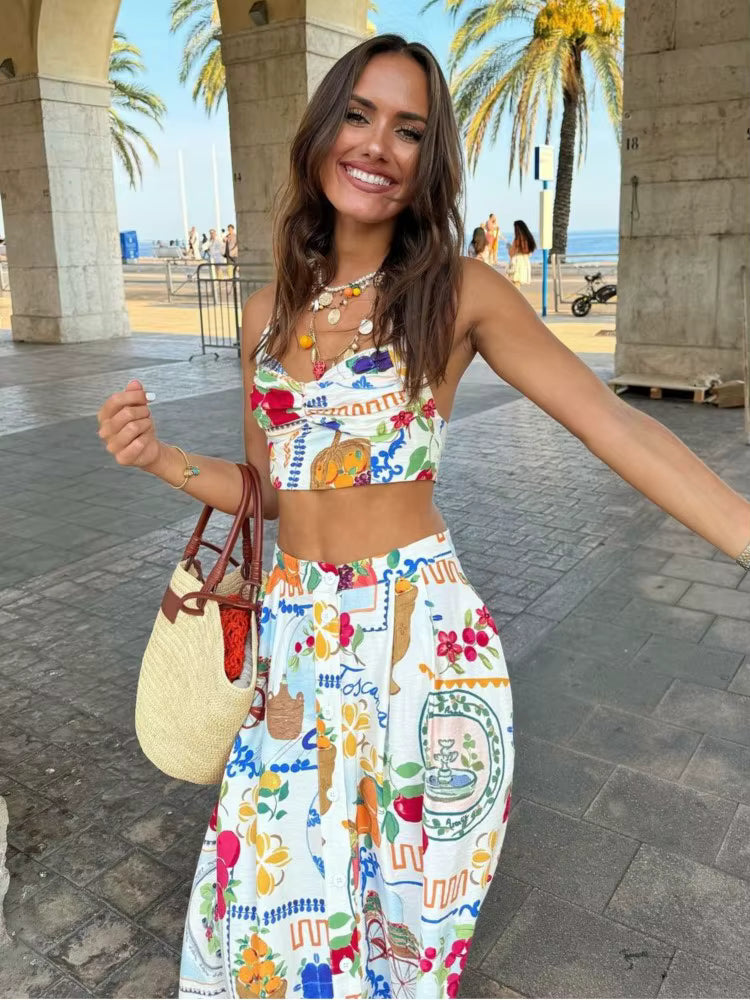 Casual Colorful Printed Patchwork Quilted Suspenders Bikini High Waist Skirt Mssza