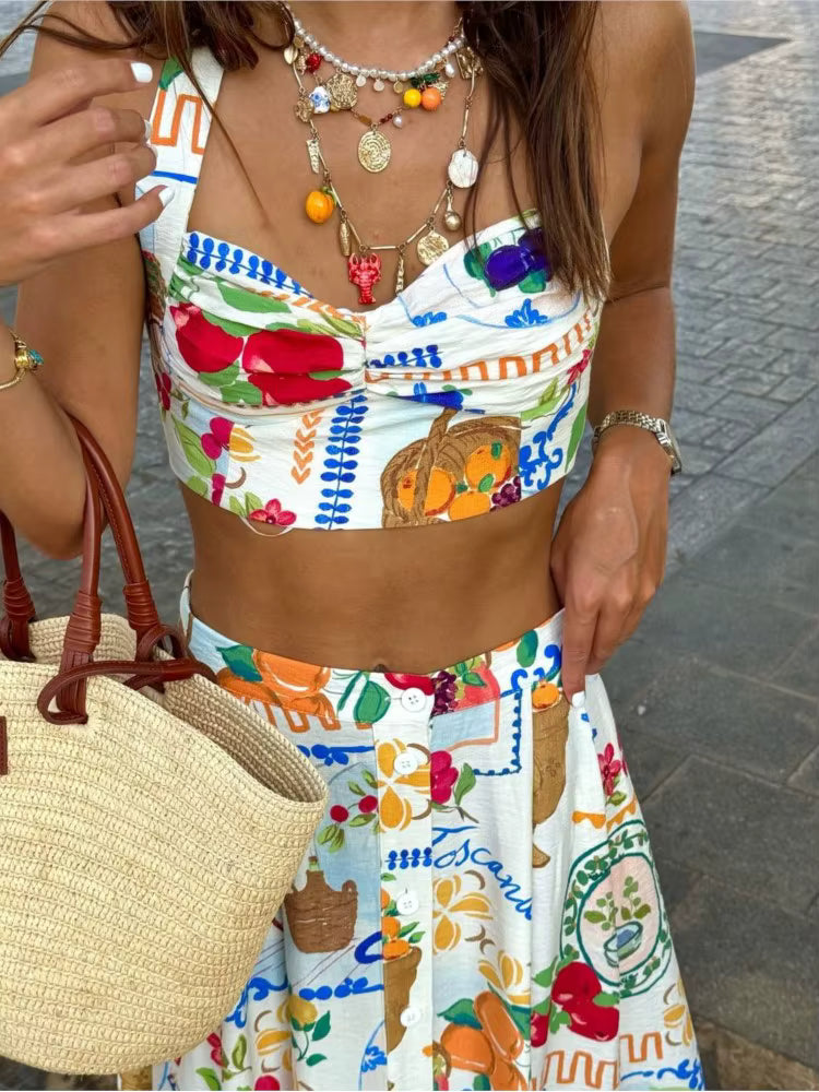 Casual Colorful Printed Patchwork Quilted Suspenders Bikini High Waist Skirt Mssza