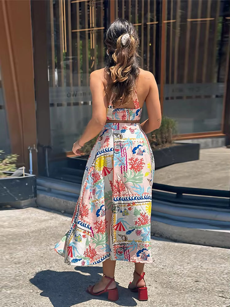 Casual Colorful Printed Patchwork Quilted Suspenders Bikini High Waist Skirt Mssza