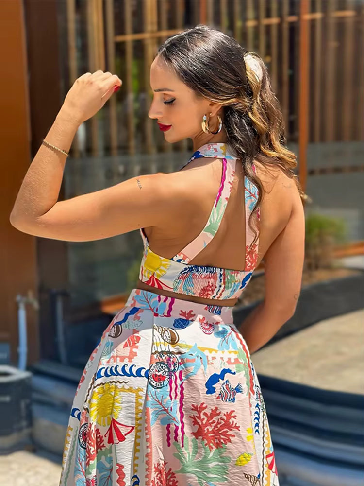 Casual Colorful Printed Patchwork Quilted Suspenders Bikini High Waist Skirt Mssza