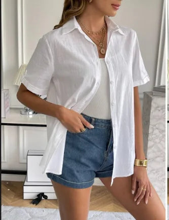 Casual Comfortable Cotton Linen Breathable Solid Color Button Down V-neck Shirt Mssza