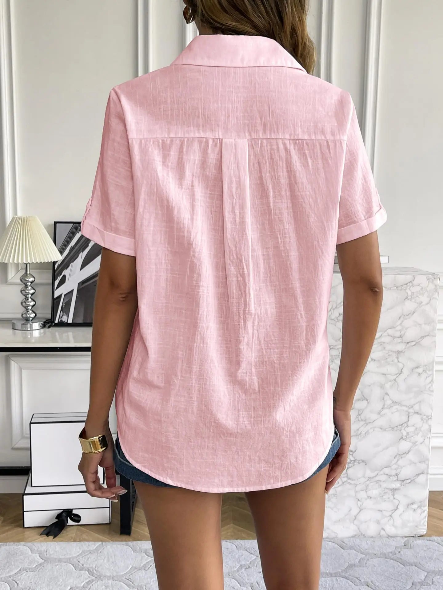 Casual Comfortable Cotton Linen Breathable Solid Color Button Down V-neck Shirt Mssza
