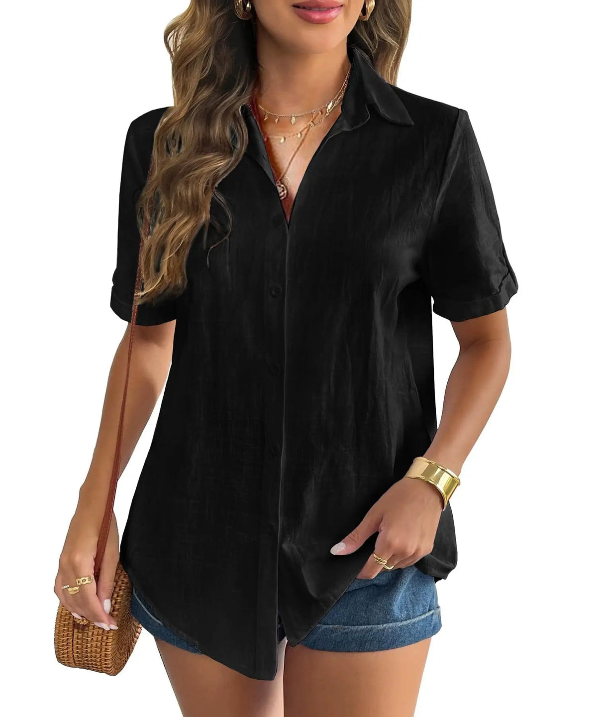 Casual Comfortable Cotton Linen Breathable Solid Color Button Down V-neck Shirt Mssza