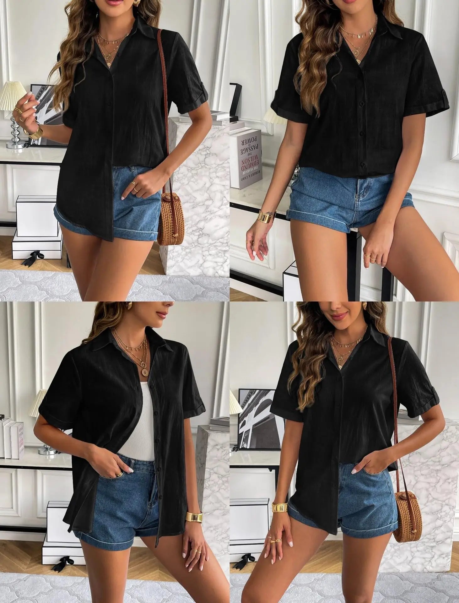 Casual Comfortable Cotton Linen Breathable Solid Color Button Down V-neck Shirt Mssza
