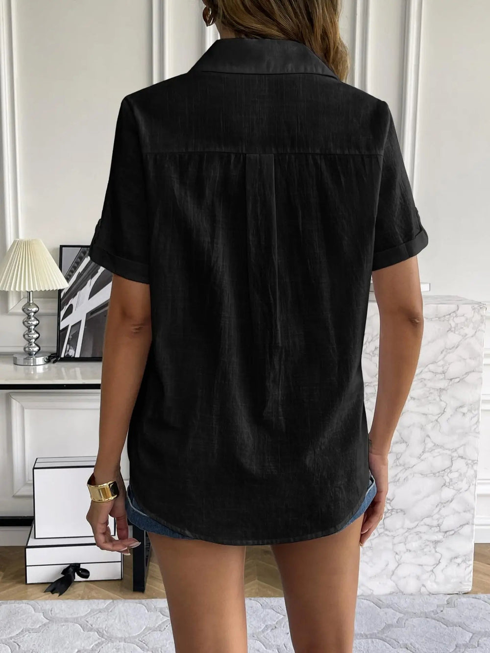 Casual Comfortable Cotton Linen Breathable Solid Color Button Down V-neck Shirt Mssza