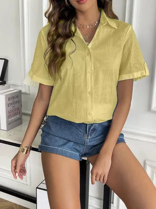 Casual Comfortable Cotton Linen Breathable Solid Color Button Down V-neck Shirt Mssza