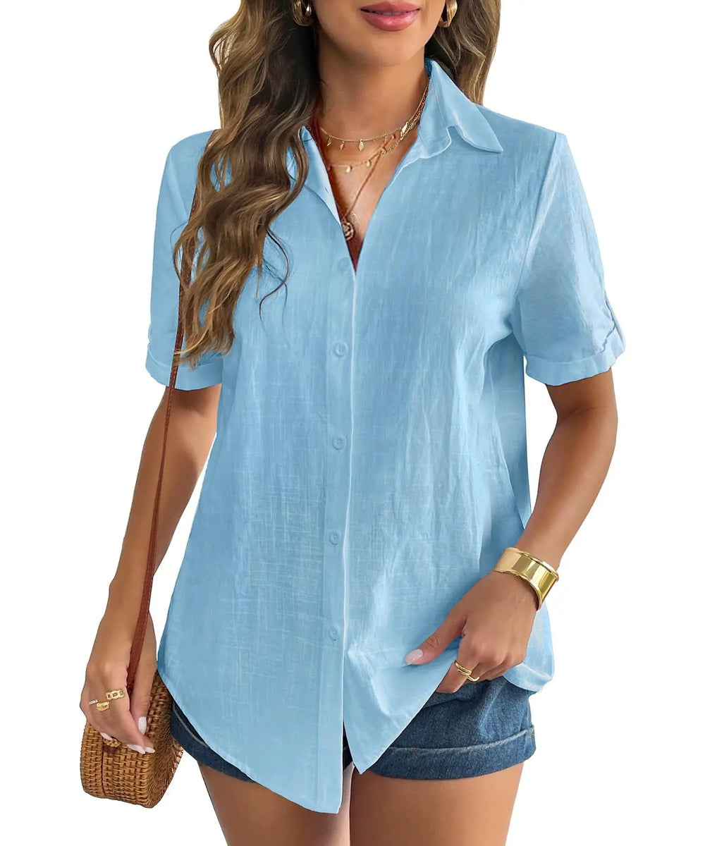 Casual Comfortable Cotton Linen Breathable Solid Color Button Down V-neck Shirt Mssza