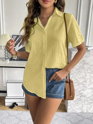 Casual Comfortable Cotton Linen Breathable Solid Color Button Down V-neck Shirt Mssza