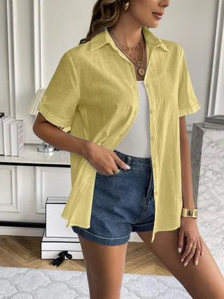Casual Comfortable Cotton Linen Breathable Solid Color Button Down V-neck Shirt Mssza