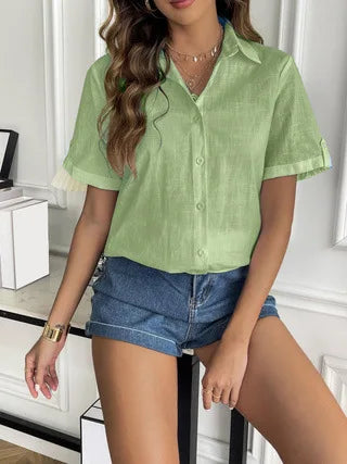 Casual Comfortable Cotton Linen Breathable Solid Color Button Down V-neck Shirt Mssza