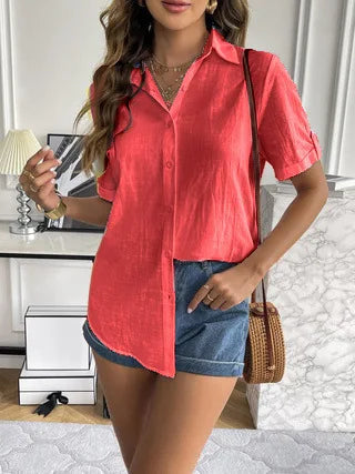 Casual Comfortable Cotton Linen Breathable Solid Color Button Down V-neck Shirt Mssza