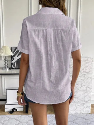 Casual Comfortable Cotton Linen Breathable Solid Color Button Down V-neck Shirt Mssza