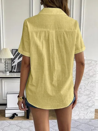 Casual Comfortable Cotton Linen Breathable Solid Color Button Down V-neck Shirt Mssza