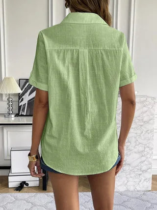 Casual Comfortable Cotton Linen Breathable Solid Color Button Down V-neck Shirt Mssza