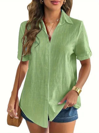 Casual Comfortable Cotton Linen Breathable Solid Color Button Down V-neck Shirt Mssza