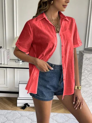 Casual Comfortable Cotton Linen Breathable Solid Color Button Down V-neck Shirt Mssza