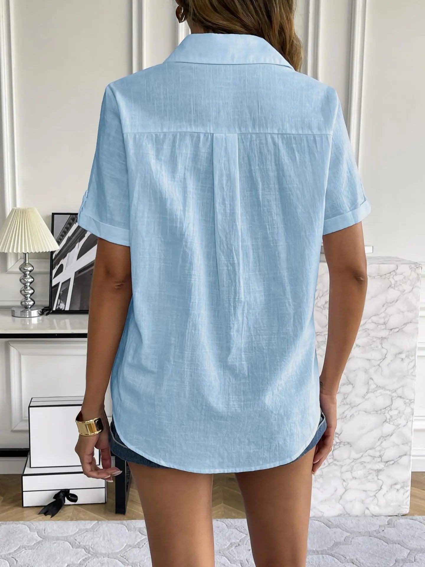 Casual Comfortable Cotton Linen Breathable Solid Color Button Down V-neck Shirt Mssza