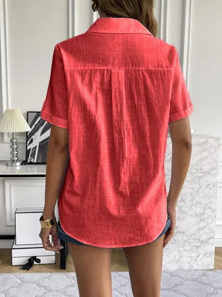 Casual Comfortable Cotton Linen Breathable Solid Color Button Down V-neck Shirt Mssza