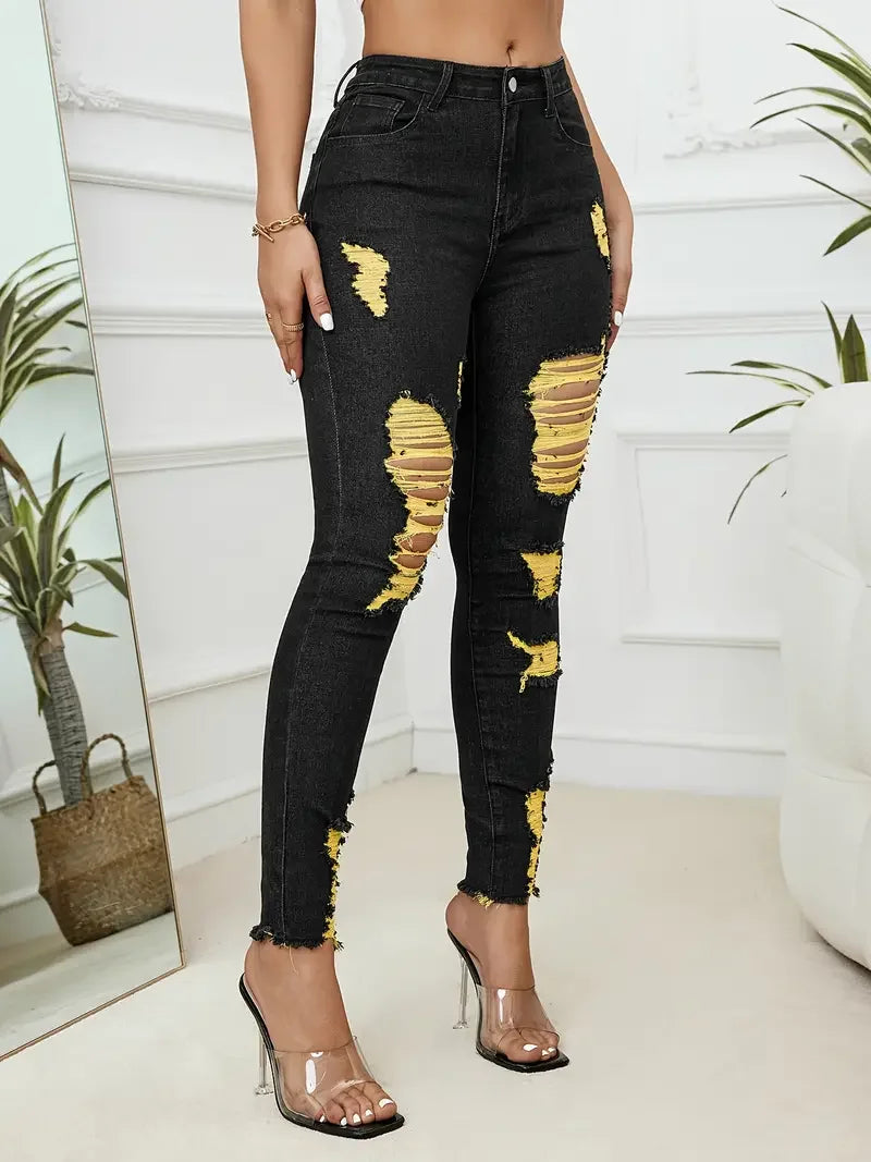 Casual Comfortable Knit Ripped High Stretch Skinny Denim Pencil Jeans Mssza