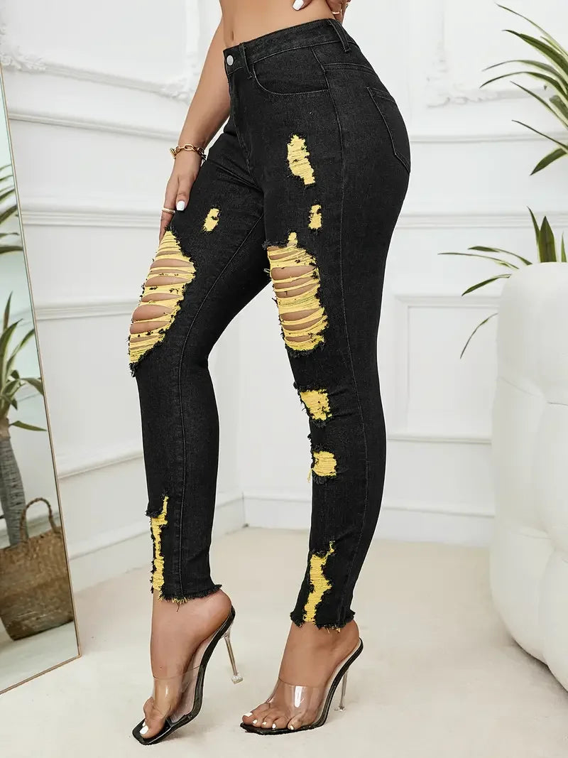 Casual Comfortable Knit Ripped High Stretch Skinny Denim Pencil Jeans Mssza