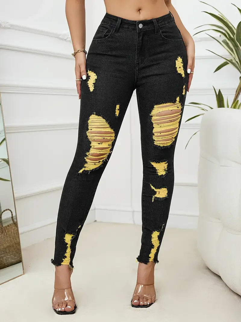 Casual Comfortable Knit Ripped High Stretch Skinny Denim Pencil Jeans Mssza