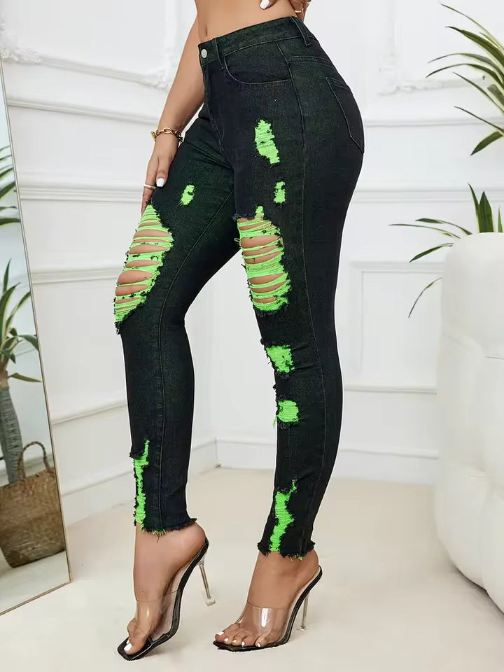 Casual Comfortable Knit Ripped High Stretch Skinny Denim Pencil Jeans Mssza