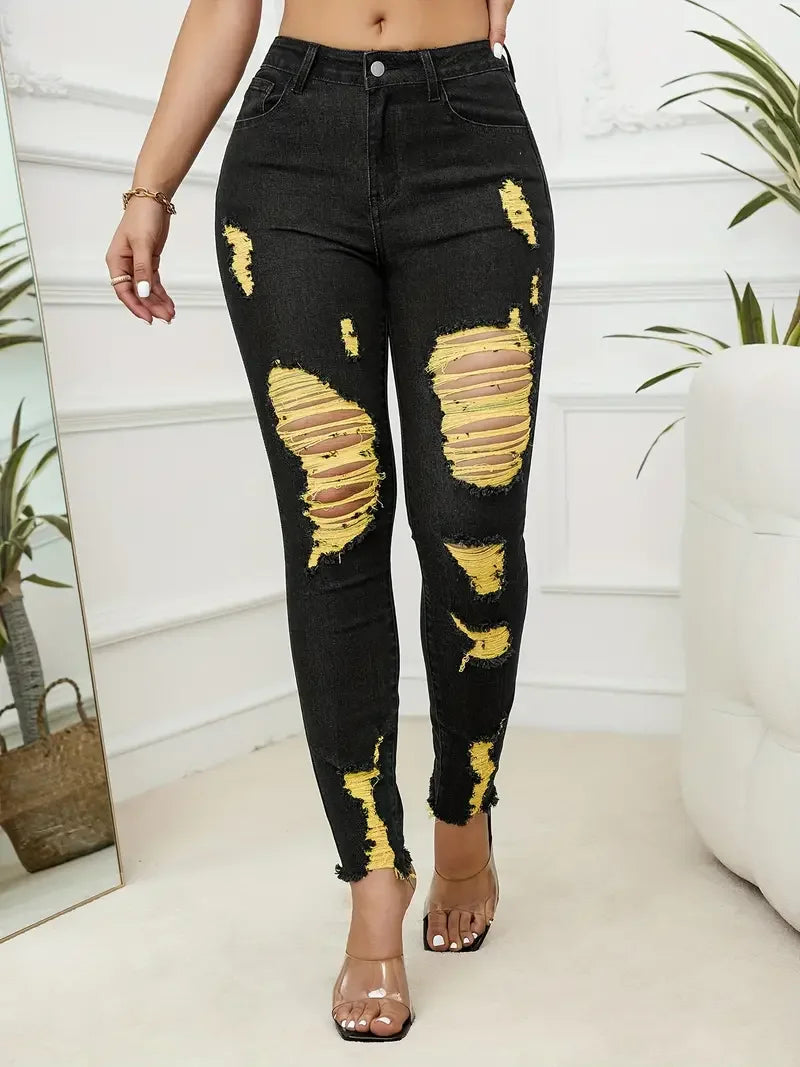 Casual Comfortable Knit Ripped High Stretch Skinny Denim Pencil Jeans Mssza