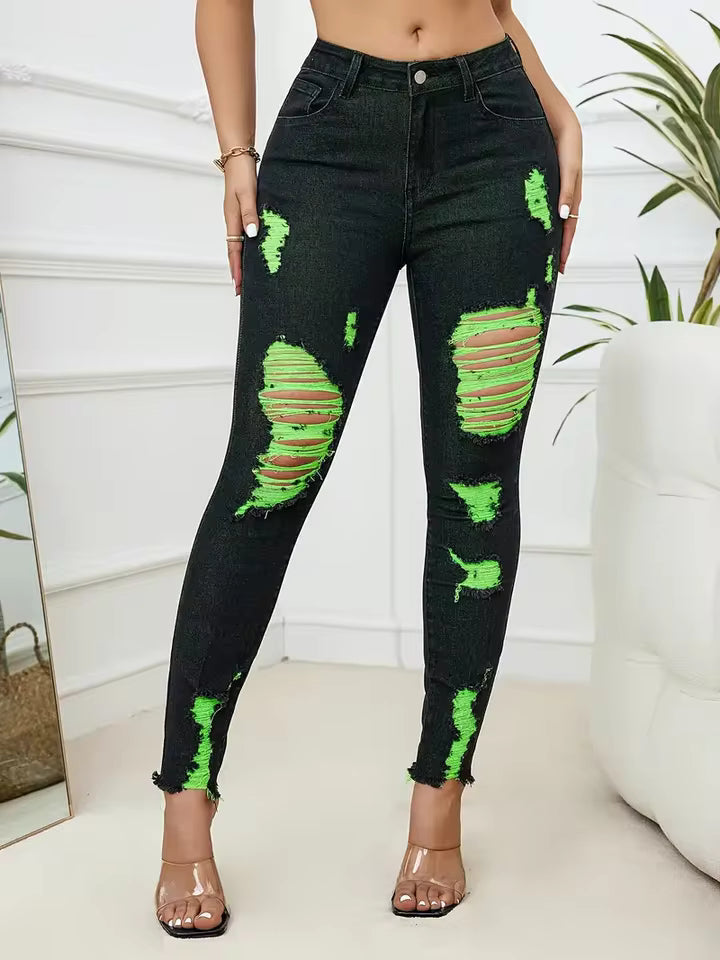 Casual Comfortable Knit Ripped High Stretch Skinny Denim Pencil Jeans Mssza