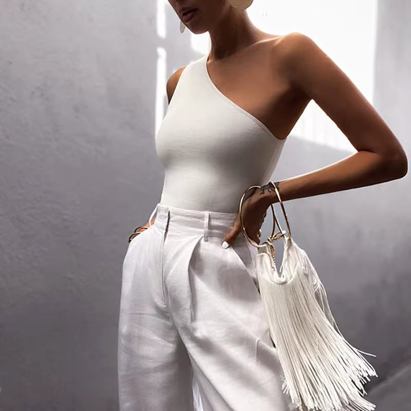 Casual Comfortable Knitted One Shoulder Elastic High Stretch Crop Tops Mssza