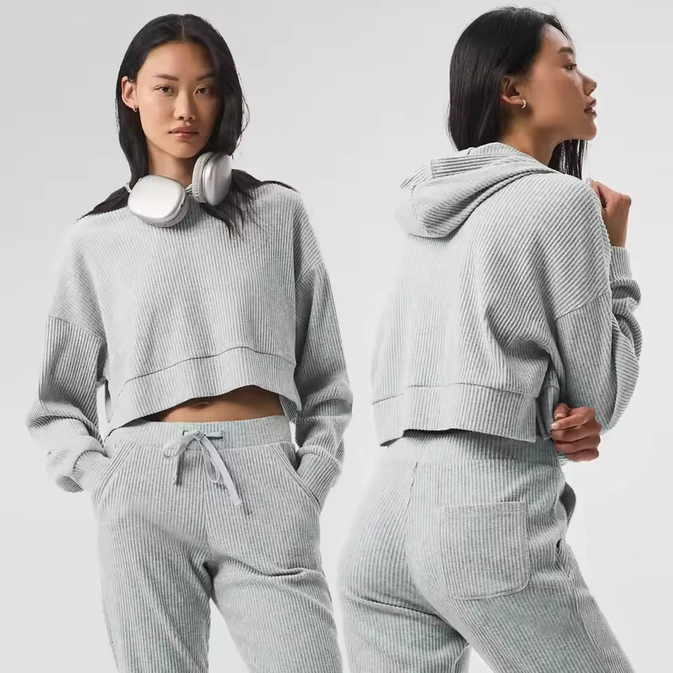 Casual Comfortable Short Waist Hooded Sweatshirt And Pant Two-piece Set Mssza