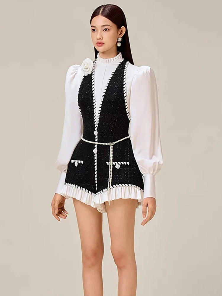 Casual Contrast Patchwork Stand Collar Long Sleeve Short Jumpsuit Mssza