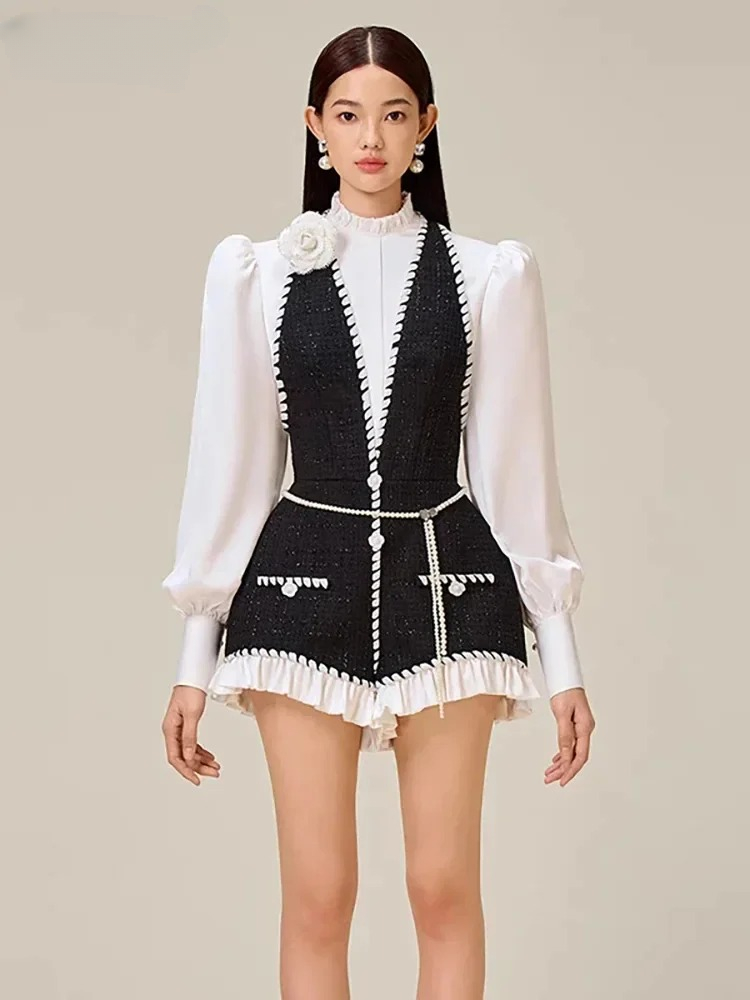 Casual Contrast Patchwork Stand Collar Long Sleeve Short Jumpsuit Mssza