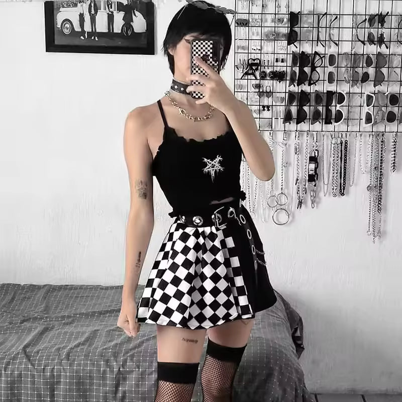 Casual Contrast Plaid Stitching High Waist Gothic Skirt Mssza