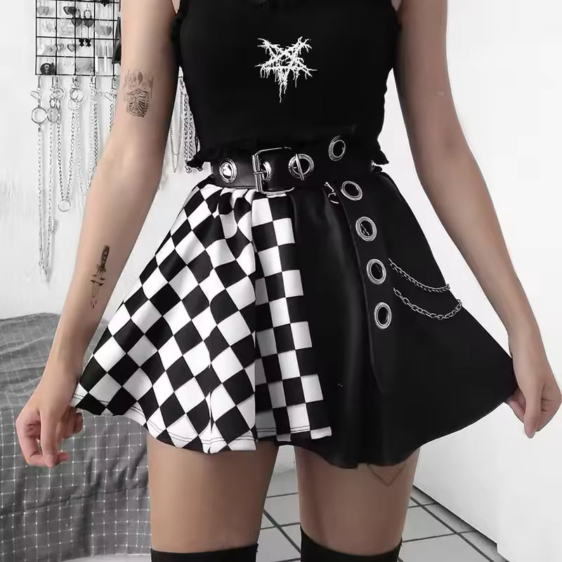 Casual Contrast Plaid Stitching High Waist Gothic Skirt Mssza
