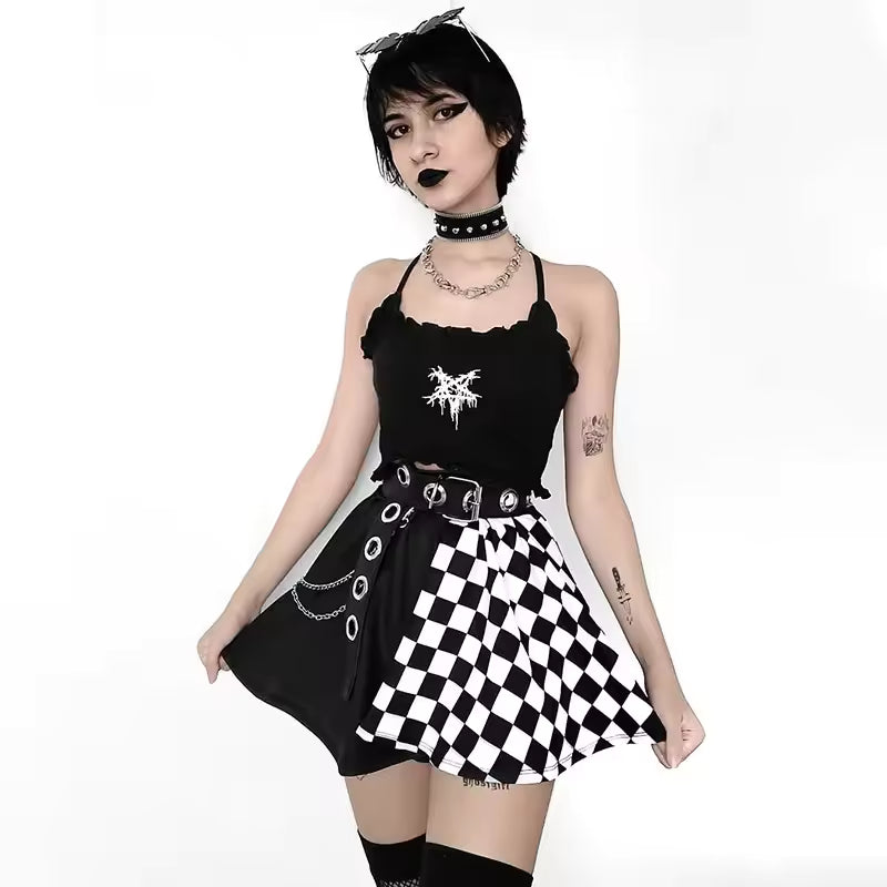 Casual Contrast Plaid Stitching High Waist Gothic Skirt Mssza