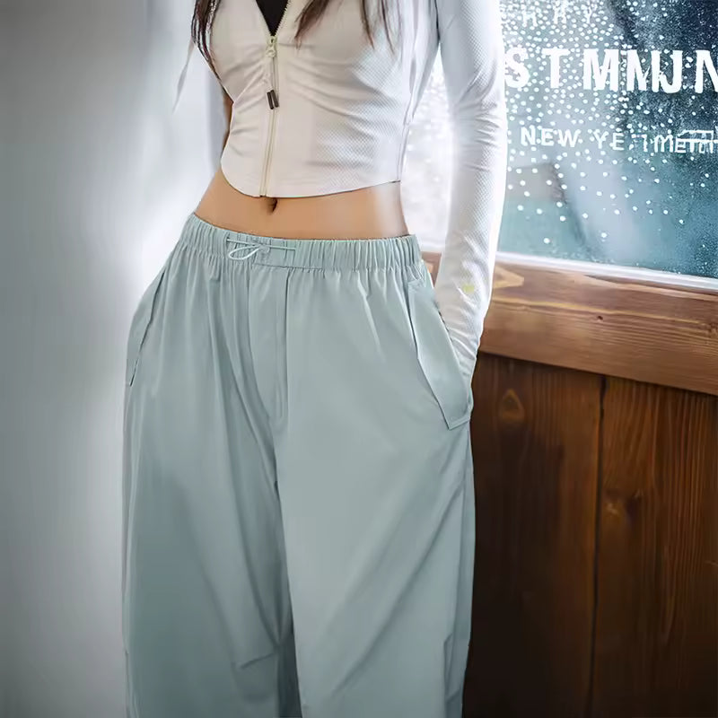 Casual Cool-Touch Parachute Lightweight Elastic Waist Joggers Pants Street Cargo Loose Fit Trousers Mssza