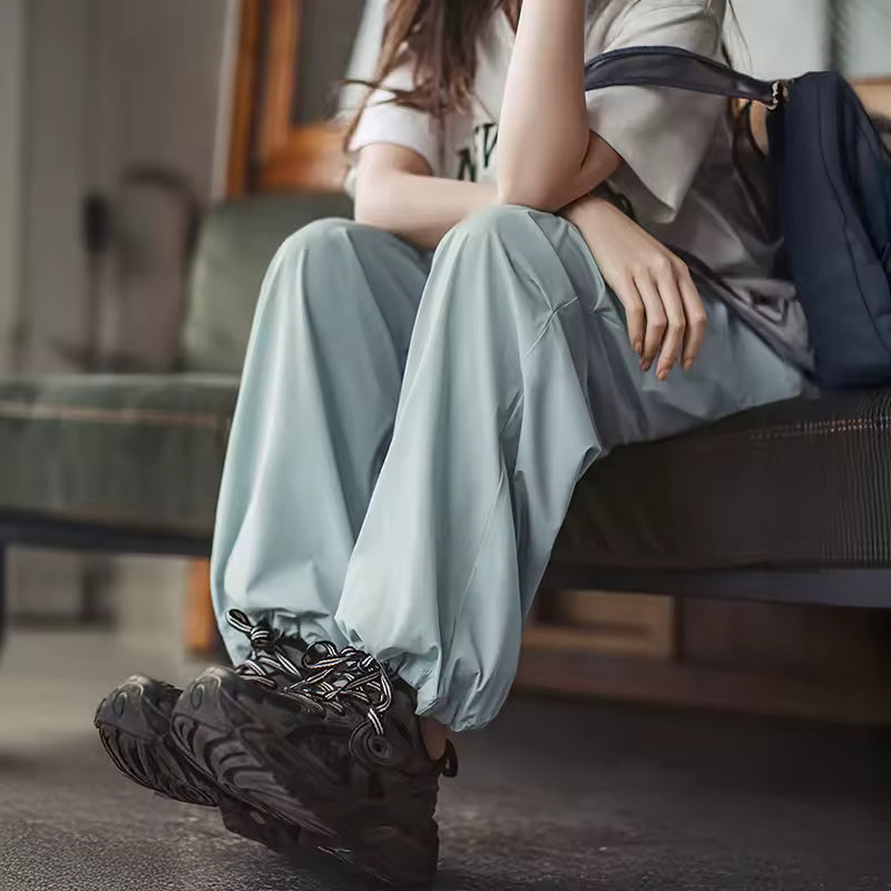 Casual Cool-Touch Parachute Lightweight Elastic Waist Joggers Pants Street Cargo Loose Fit Trousers Mssza